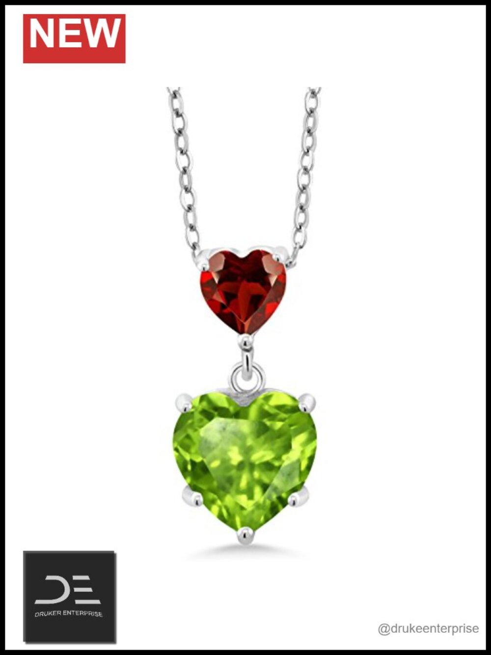 Sterling Silver Double Heart Pendant Necklace Peridot Garnet 18"
